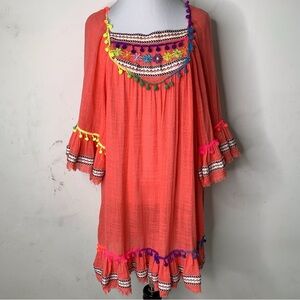 Made in Italy Womens Multicolor Embroidered Blouse Tunic Dress Ruffle Cuffs OS